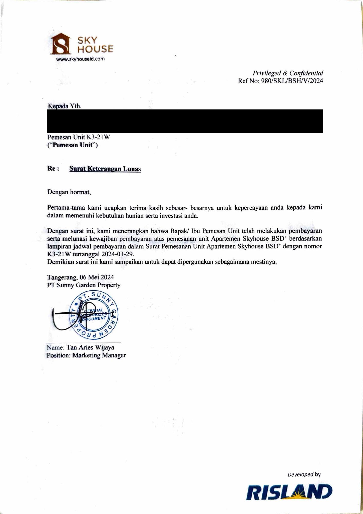 Surat Keterangan Lunas unit K3-21W SkyHouse BSD dari PT Sunny Garden Property, 6 Mei 2024
